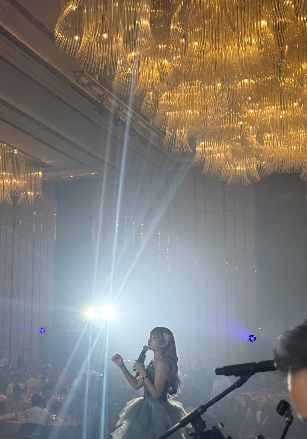 Vocalist singing under a spotlight in a chandelier-lit wedding ballroom