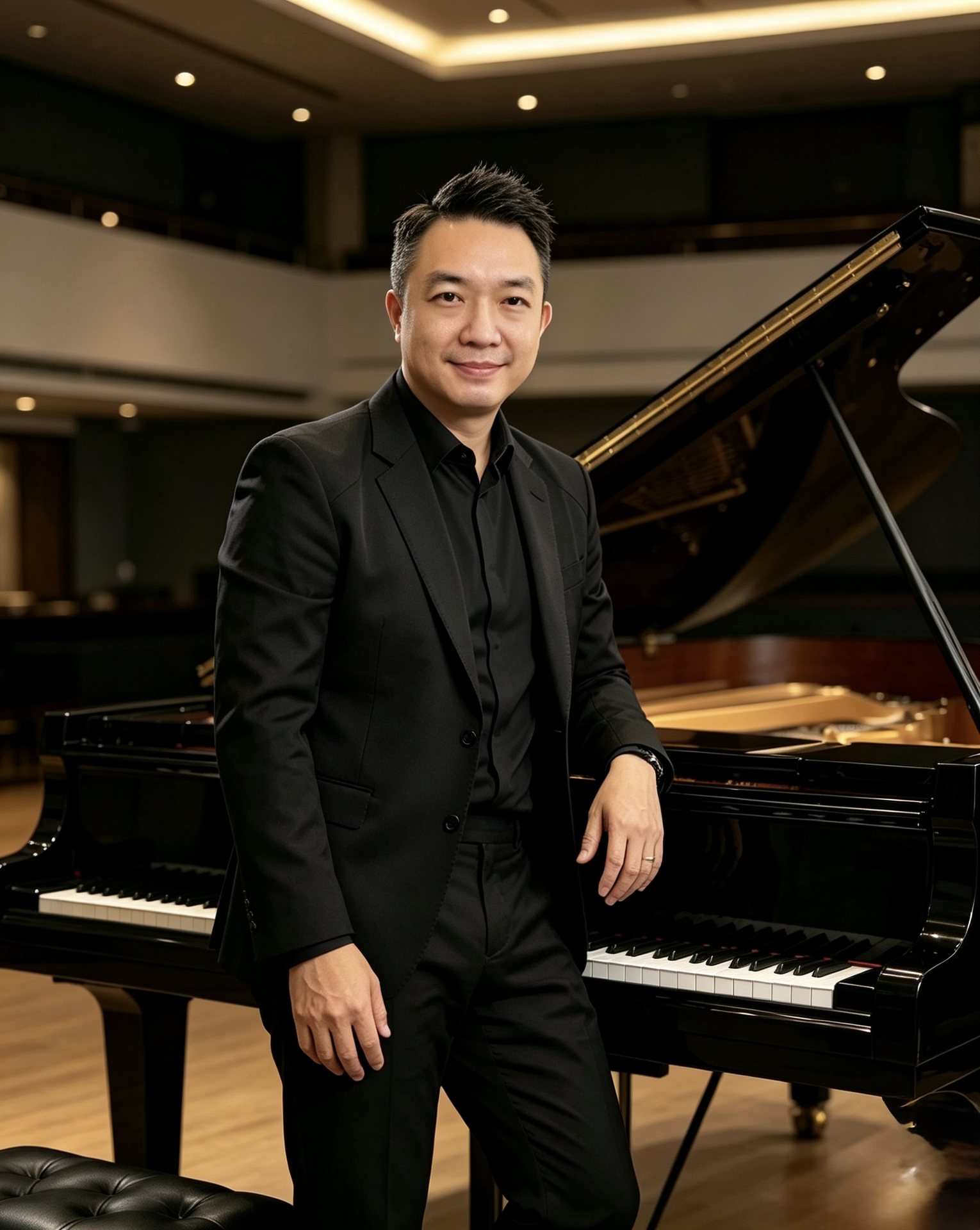 Kam Jun, pianist and music director, standing beside a grand piano